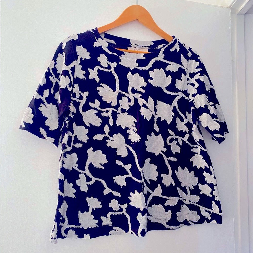 Loft Black and White Floral Stitch Top